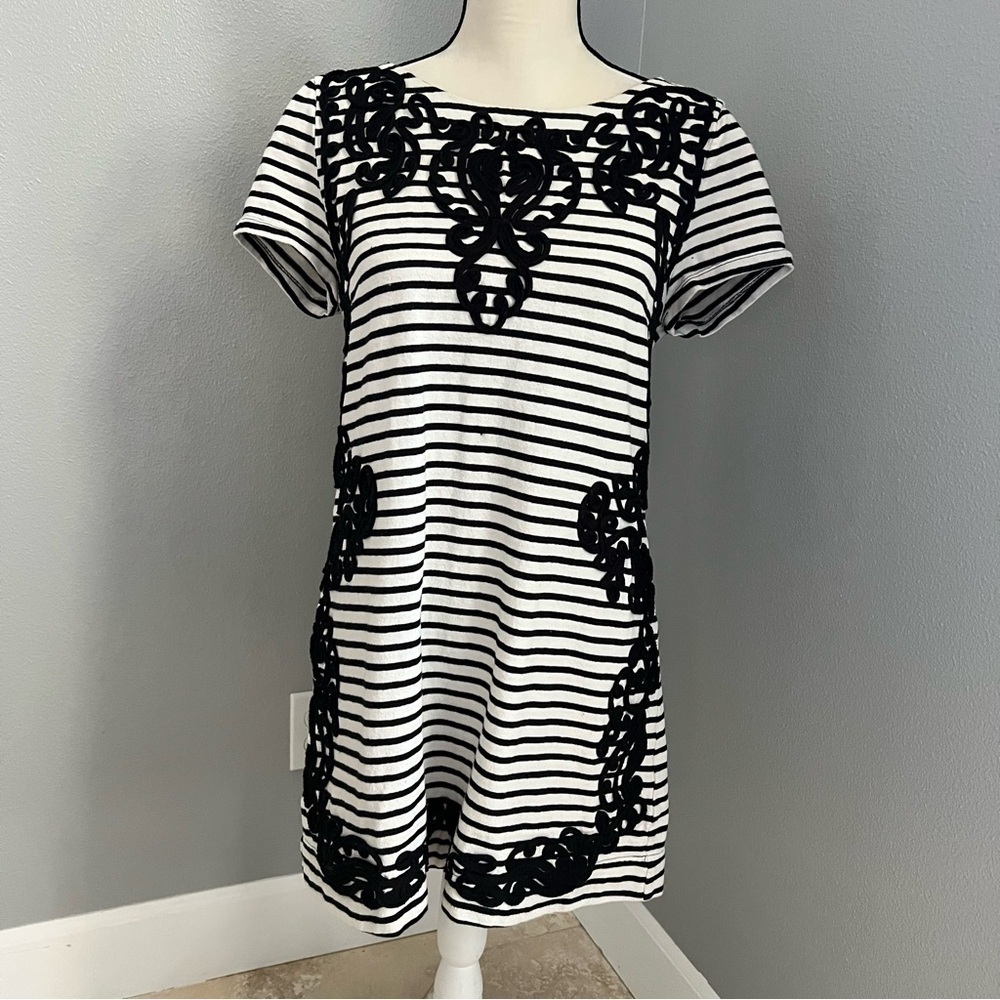 Anthropologie Postmark Black & White Striped Embroidered Filigree Tunic Dress L
